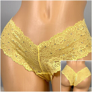 Vintage Delicates Panties Size 7 Large Yellow Lace Hipster Rhinestones Cheeky